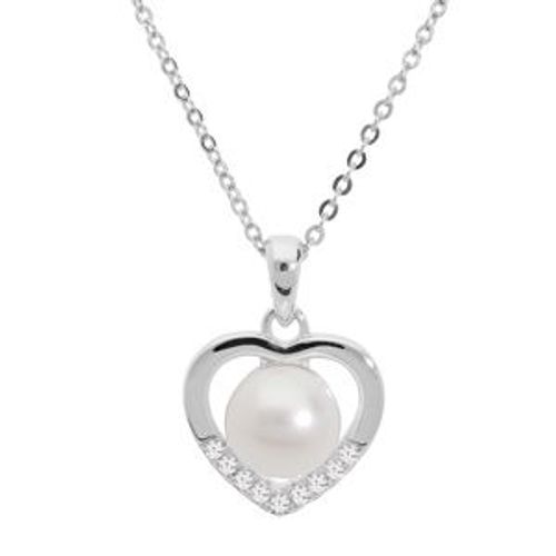 Collier Argent Rhodié Pendentif Coeur Perle De Culture D'eau Douce Blanche Et Oxydes Blancs Sertis 42+3cm