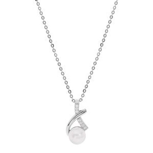 Collier Argent Rhodié Pendentif Perle De Culture D'eau Douce Blanche Et Oxydes Blancs Sertis 42+3cm