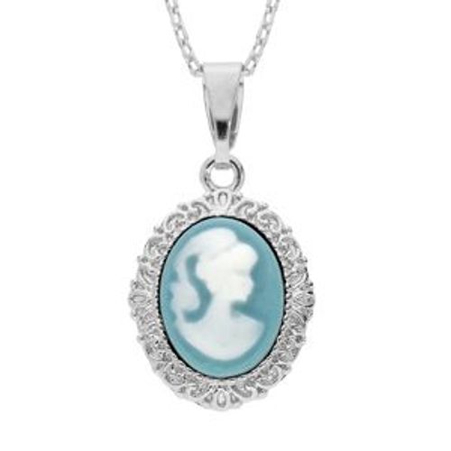 Collier Argent Rhodié Pendentif Camée Bleu 40+5cm