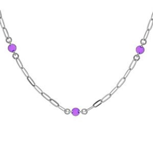 Collier Argent Rhodié Petite Maille Rectangulaire 5 Ronds Avec Résine Violet 38+5cm