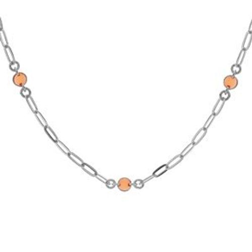 Collier Argent Rhodié Petite Maille Rectangulaire 5 Ronds Avec Résine Orange 38+5cm