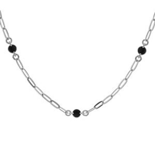 Collier Argent Rhodié Petite Maille Rectangulaire 5 Ronds Avec Résine Noire 42+3cm