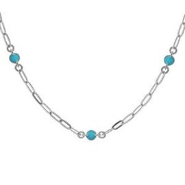 Collier Argent Rhodié Petite Maille Rectangulaire 5 Ronds Avec Résine Bleue Ciel 38+5cm