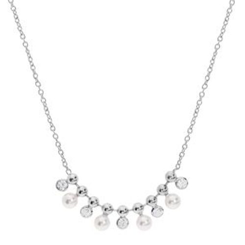 Collier Argent Rhodié Perles Blanches Imitation Avec Oxydes Blancs Sertis 43+3cm