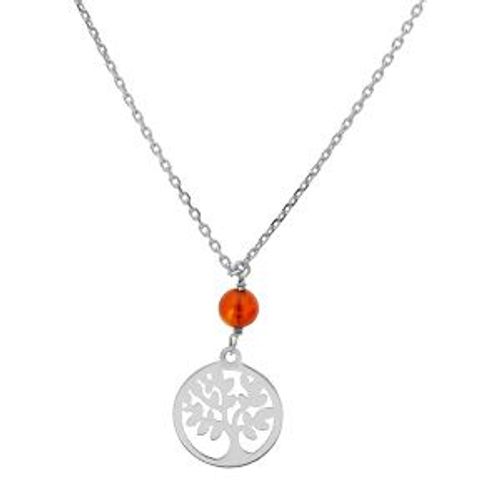 Collier Argent Rhodié Boule Ambre Véritable Et Arbre De Vie 41+5cm