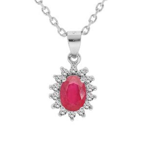 Collier Argent Rhodié Pendentif Rubis Véritable Contour Topazes Blanches Serties 42+3cm
