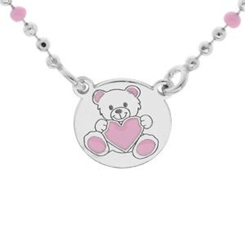 Collier Argent Rhodié Boules Rondelle Avec Ourson Résine Rose 36+3cm