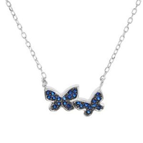 Collier Argent Rhodié 2 Papillons Oxydes Bleu Foncé 42+3cm