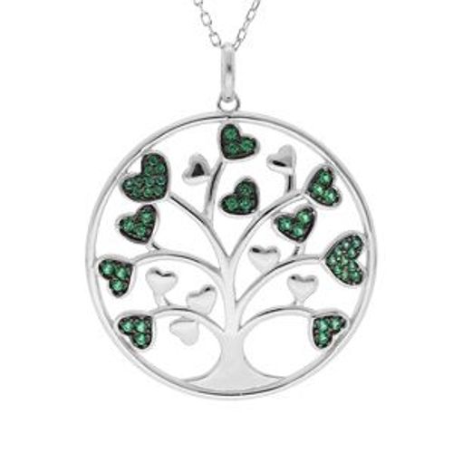 Collier Argent Rhodié Massif Arbre De Vie 30mm Avec Coeurs Oxydes Verts 44,5+4,5cm