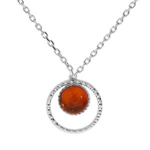Collier Argent Rhodié Pendentif 6mm Ambre Véritable 40+5cm