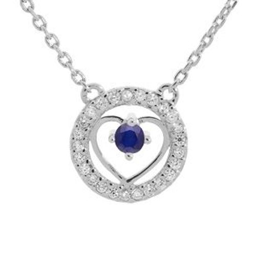 Collier Argent Rhodié Coeur Saphir Véritable Et Contour Topazes Blanches 42+3cm