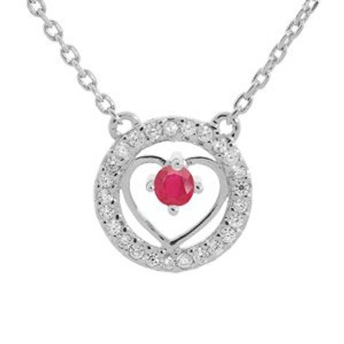 Collier Argent Rhodié Coeur Rubis Véritable Et Contour Topazes Blanches 42+3cm