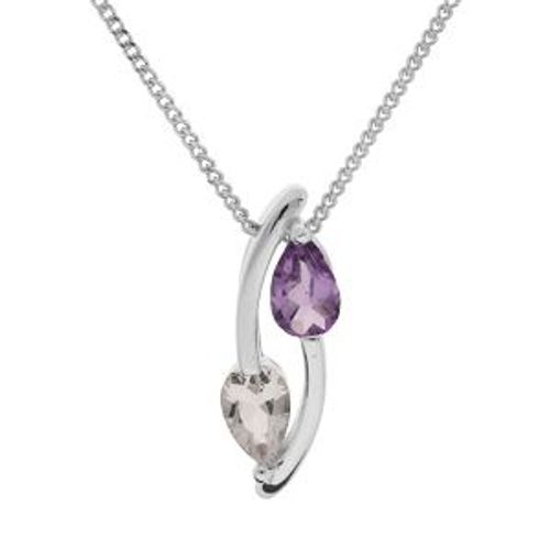 Collier Argent Rhodié Pendentif 2 Pierres Amethyste Veritable Et Topaze Blanc 42+3cm