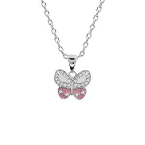 Collier Argent Rhodié Pendentif Papillon Oxydes Blancset Résine Rose 42+3cm