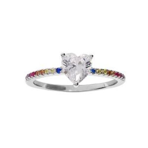 Bague Argent Rhodié Demi Rail Oxydes Multi Couleur Et Oxyde Blanc Serti Forme Coeur