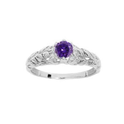 Bague Argent Rhodié Solitaire 5mm Oxyde Violet Et Arbre De Vie