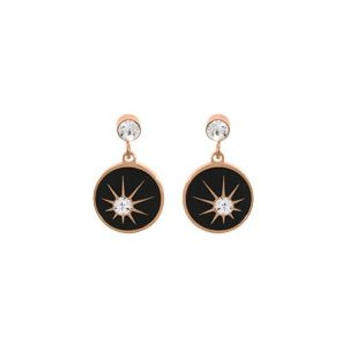 Boucles D'oreilles Tige Acier Et Pvd Rose Rondelle Résine Noire Et 1 Oxyde Blanc Etoilé