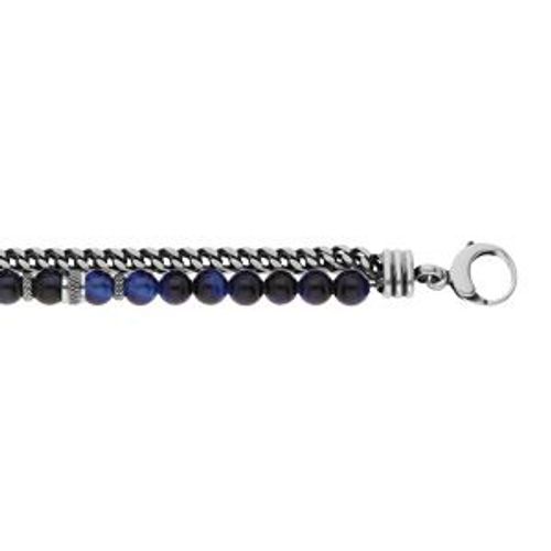 Bracelet Acier Boules Oeil De Tigre Bleu Véritable Et 1 Rang Chainage 20+2.5cm