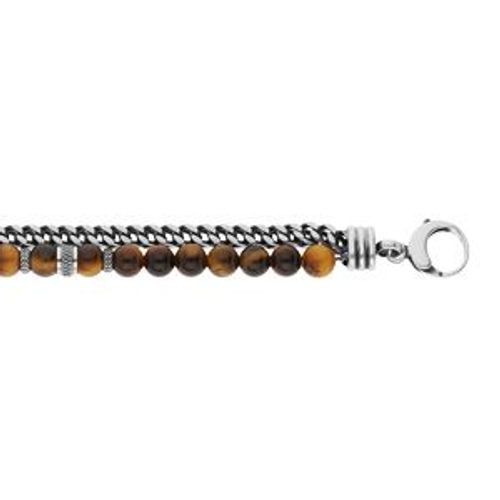 Bracelet Acier Boules Oeil De Tigre Véritable Et 1 Rang Chainage 20+2.5cm