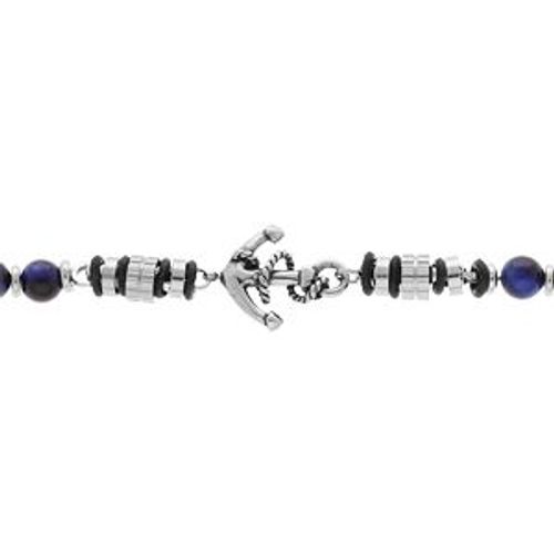 Bracelet Acier Boules Oeil De Tigre Bleu Véritable Avec Ancre 19+3cm