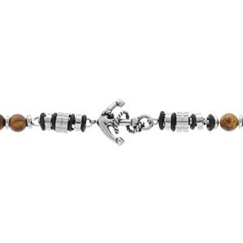 Bracelet Acier Boules Oeil De Tigre Véritable Marron Avec Ancre 19+3cm