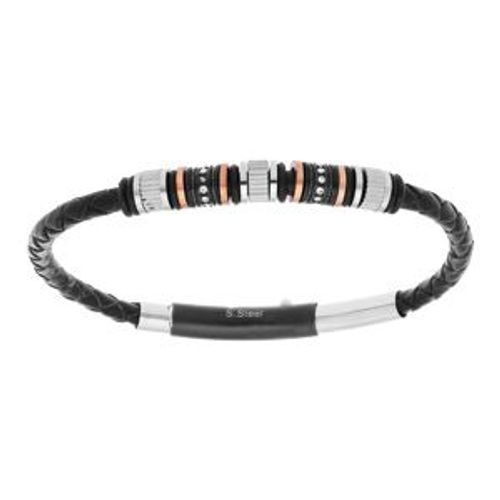 Bracelet Acier Et Cuir Bovin Noir Motifs Pvd Noir Et Rose 21,5cm Ajustable 19cm