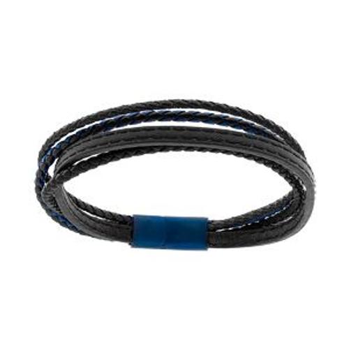 Bracelet Acier Et Cuir Bovin Multifils Noir Et Bleu Fermoir Pvd Bleu 21,5cm