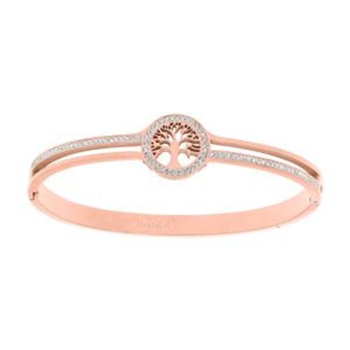 Bracelet Acier Et Pvd Rose Articule Demi Rail Résine Et Oxydes Blancs Avec Arbre De Vie Oxydes Blancs Diamètre 58mm