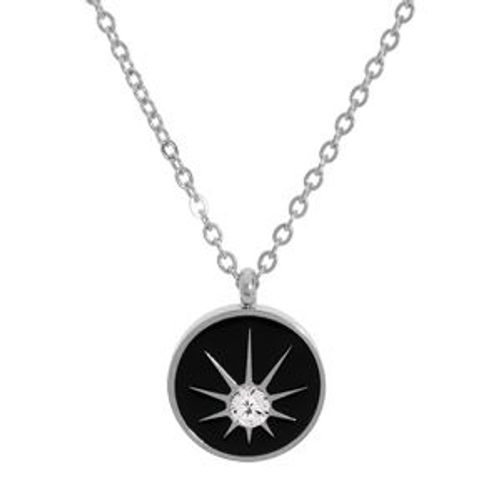 Collier Acier Pendentif Rond Résine Noire Et 1 Oxyde Blanc 38+7cm