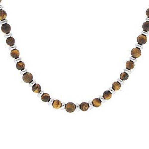 Collier Acier Oeil De Tigre Véritable Mat Marron 50+5cm