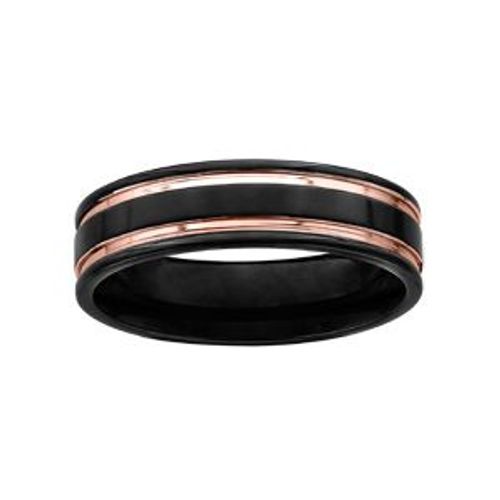 Bague Acier Et Pvd Noir 2 Filets Pvd Rose
