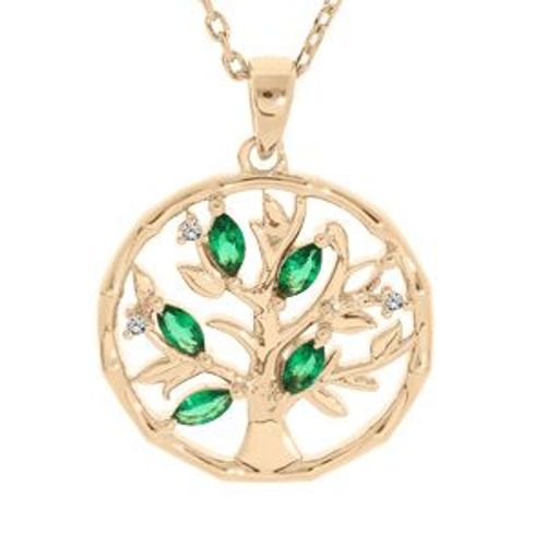 Collier Plaqué Or Pendentif Arbre De Vie Oxydes Verts 40+4cm