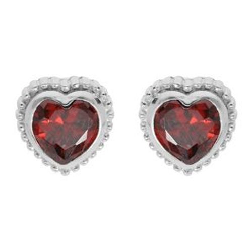 Boucles D'oreilles Tige Argent Rhodié Coeur Oxyde Grenat