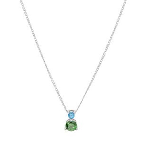 Collier Argent Rhodié Pendentif 2 Oxydes Sertis 3 Et 5mm Bleu Et Vert 42+3cm