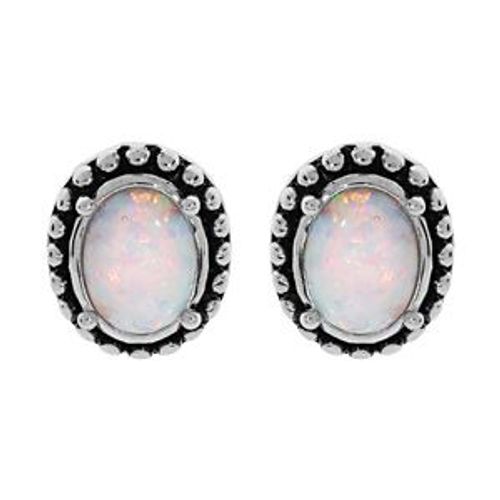 Boucles D'oreilles Tige Argent Rhodié Opale Blanche Imitation Entourage Picot Patiné