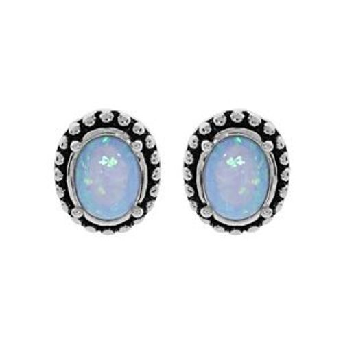 Boucles D'oreilles Tige Argent Rhodié Opale Bleue Imitation Entourage Picot Patiné