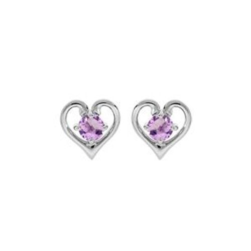 Boucles D'oreilles Tige Argent Rhodié Coeur Amethyste Veritable Serti