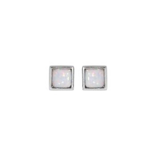 Boucles D'oreilles Tige Argent Rhodié Opale Blanche Imitation Forme Carré