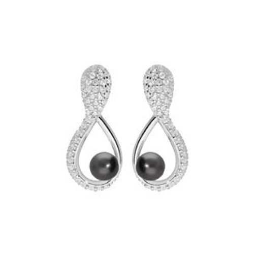 Boucles D'oreilles Tige Argent Rhodié Perle De Culture De Tahiti Véritable 7mm Et Oxydes Blancs Sertis