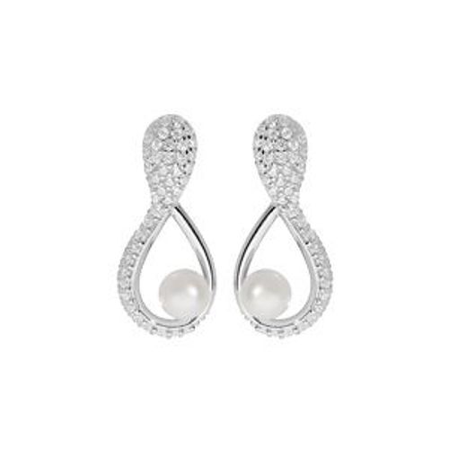 Boucles D'oreilles Tige Argent Rhodié Perle De Culture D'eau Douce Blanche 5mm Et Oxydes Blancs Sertis