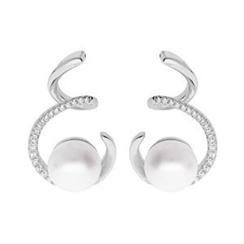 Boucles D'oreilles Tige Argent Rhodié Perle De Culture D'eau Douce Blanche 8mm Et Oxydes Blancs Sertis