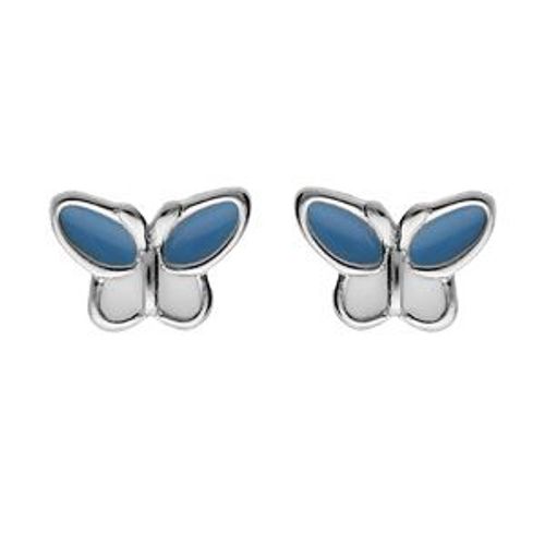 Boucles D'oreilles Tige Argent Rhodié Papillon Résine Bleu Et Blanche