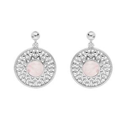 Boucles D'oreilles Tige Argent Rhodié Pendante Ethnique Cabochon Quartz Rose Véritable