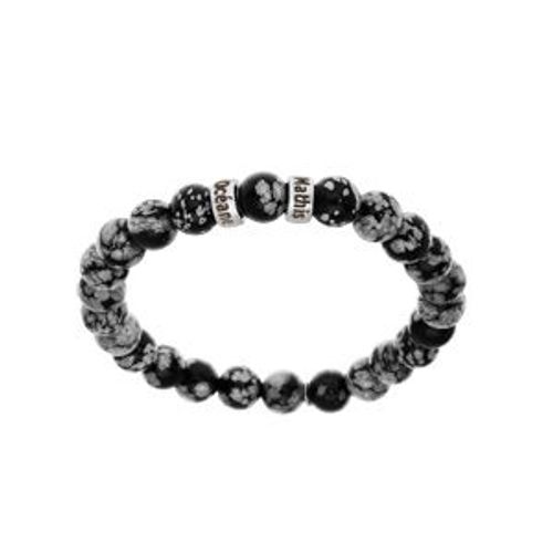 Bracelet Argent Rhodié Extensible Boules Obsidienne Gris Véritable 2 Charms À Graver