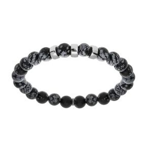 Bracelet Argent Rhodié Extensible Boules Obsidienne Gris Véritable 3 Charms À Graver