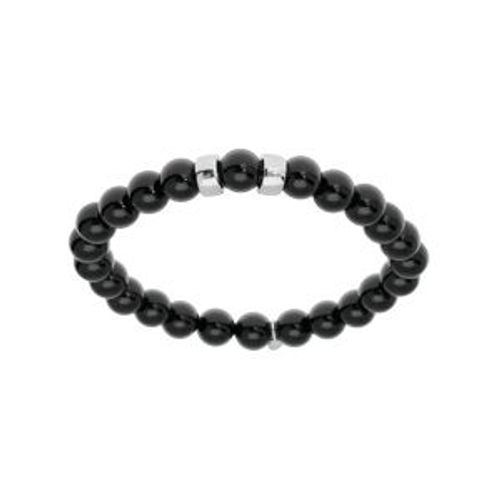 Bracelet Argent Rhodié Extensible Boules Onyx Véritable 2 Charms À Graver