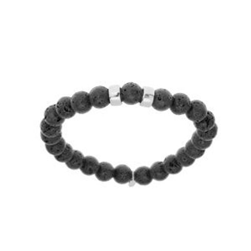 Bracelet Argent Rhodié Extensible Boules Pierre De Lave Noir Mat Véritable 2 Charms À Graver