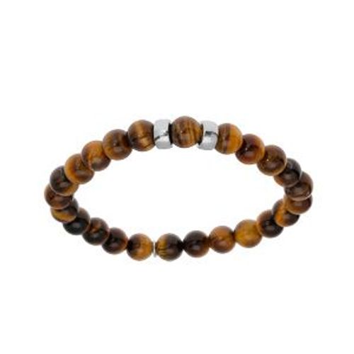 Bracelet Argent Rhodié Extensible Boules Oeil De Tigre Marron Véritable 2 Charms À Graver