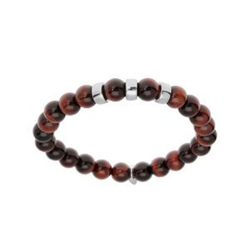 Bracelet Argent Rhodié Extensible Boules Oeil De Tigre Rouge Véritable 3 Charms À Graver