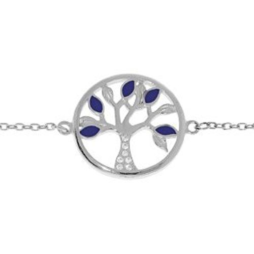 Bracelet Argent Rhodié Arbre De Vie Résine Bleue Et Oxydes Blancs 16+3cm
